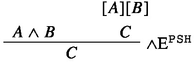 A logical sequence involving the conjunction of propositions A and B followed by steps including introductions of propositions A and B within the context of the conjunction, leading to a conclusion C.