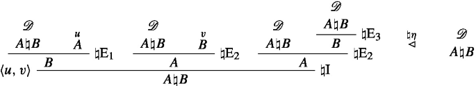 An expression discusses the inter derivability of propositions A and B and A or B under certain conditions. The left-to-right direction of the expression provides a reduction, in spite of the mismatch between the third premise of I and the consequence of E 3.