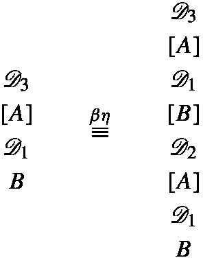 An expression states an equivalence involving different derivations. It asserts that the derivation D 3, under the assumption A, is equivalent to the combined result of D 1, B and D 2, A under the assumption A.