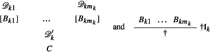 An expression delineates a logical derivation occurring in 2 contexts. Firstly, within context D prime k, propositions B k 1 through B k m k are assumed, leading to the derivation of conclusion C. Simultaneously, in the context cross I k, assumptions B k 1 through B k m k are introduced.