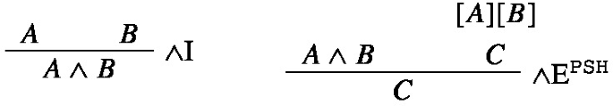 An expression demonstrates the introduction of a conjunction A and B and a deduction involving assumptions A and B, concluding with an expansion pattern and E superscript P S H.