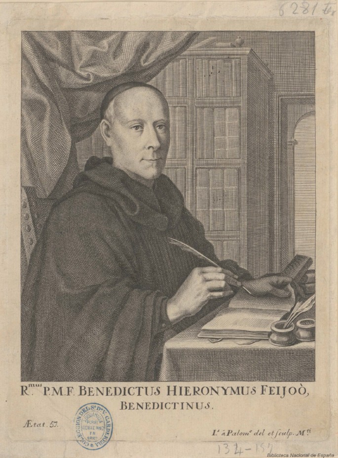 A portrait of Benito Jeronimo Feijoo. In the portrait of Benito Jeronimo Feijoo, he holds a feather to write in a notebook. Two small pots are nearby, and there's a screen and book rack in the background. He folds the left corner of the book's page.