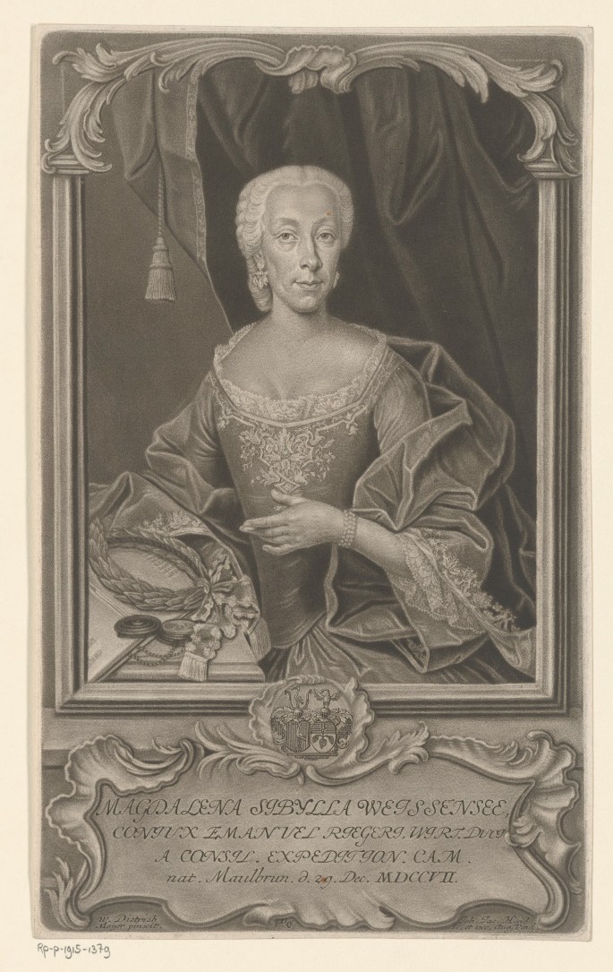 A portrait of Magdalena Sibylla Rieger. The text below the portrait is written in a foreign language.