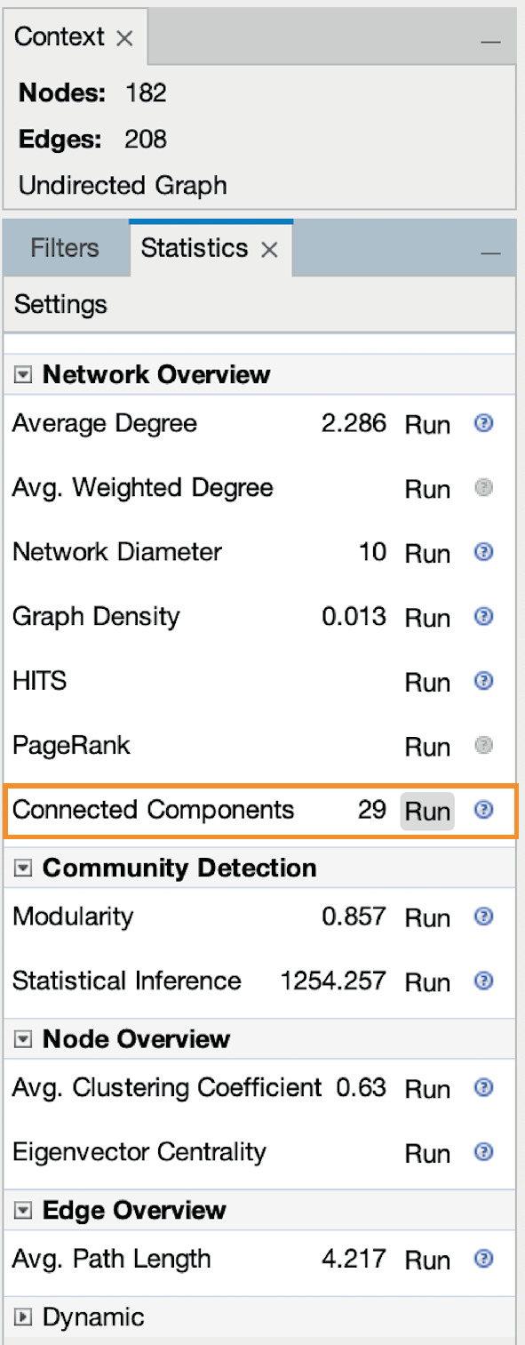 A screenshot of a context window with a statistics tab open below. The number of nodes is 182 and the edges are 208. A connected components overview is highlighted below.
