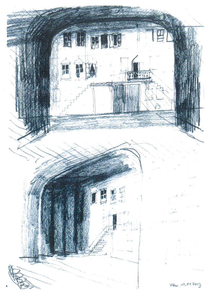 A sketch depicts the entrance of a two-story building with a staircase at the front.