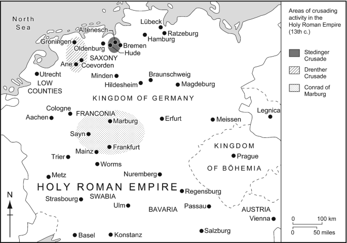 A map highlights the areas of crusading activity in the Holy Roman Empire. The Stedinger Crusades are Bremen, Hude, and Altenesch. The Conard of Marburg Crusades are Marburg, Frankfurt, Sayn, and Mainz. The Drenther Crusades are Groningen, Oldenburg, Ane, Saxony, and Coevorden.