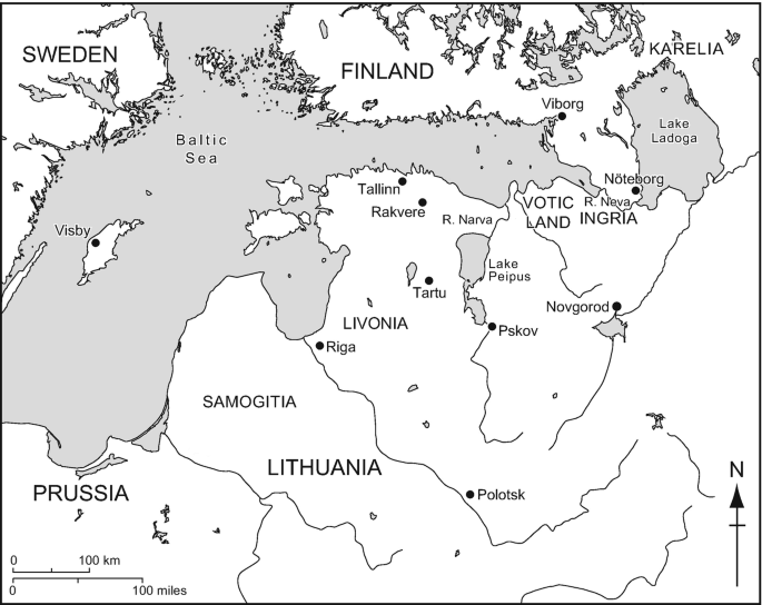A map of the Baltic Sea surrounded by Sweden Finland, Lithuania, and Prussia. Other locations on the map include Tallinn, Viborg, Riga, Polotsk, and Tartu. Lakes include Lake Ladoga and Lake Pelpus.
