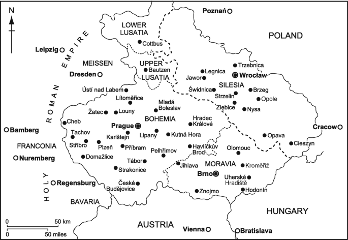 A map of Bohemia highlights the lands in the early fifteenth century. The cities include Prague, Brno, and Wroclaw. Other lands include Louny, Tabor, Nysa, Znojmo, and Plzen. The neighboring countries are Poland, Hungary, Austria, and Bavaria. The scales of 50 kilometers and miles are at the bottom.