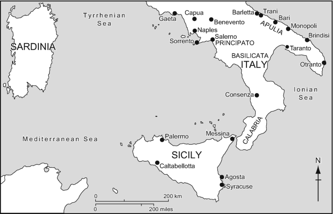 A map of Italy marks 15 places, including Basilicata, Principato, Sorrento, Naples, and Apulia. Sardinia is to the west, beyond the Tyrrhenian Sea. Sicily in the southwest, includes Palermo, Caltabellotta, Messina, and Syracuse. Mediterranean Sea is to the west, and Ionian Sea is to the east.