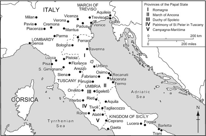 A map marks the provinces of the Papal state in Italy. 1, Romagna includes Ravenna. 2, March of Ancona has Macerata and Recanati. 3, Duchy of Spoleto has Spoleto, Umbria, and Orvieto. 4, Patrimony of Saint Peter in Tuscany has Viterbo and Tivoli. 5, Campagna Marittima has Rome, Ceprano, and Gaeta.