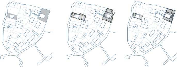 3 layout maps for the residential case studies. 2 structures, one on the northwestern edge, and the other on the northeastern corner, are highlighted in all 3 maps.