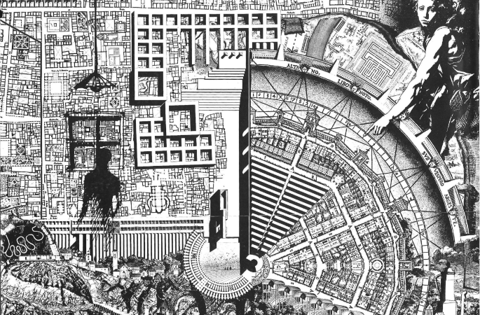 A conceptual sketch of the layout of buildings in an area. A large clock shaped structure is on the right, beside it. A shadowy human figure seems to hover over it, and a woman on the right points to the center of the clock.