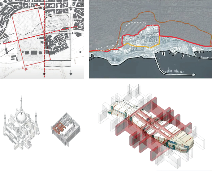A 4 part illustration of layout maps and sketches of the Yenikapi Archaeological Museum. At the top are 2 layouts. Below are 3 illustrations of the building, and parts of it in detail.