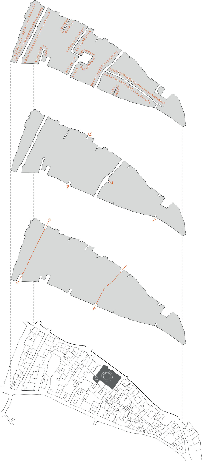 4 layout maps of the same area. The first indicates the shapes of the various plot. The second and third indicate various entrances, and thoroughfares through the area. The fourth is a detailed layout of the area, with a hexagonal structure at the northern edge highlighted.