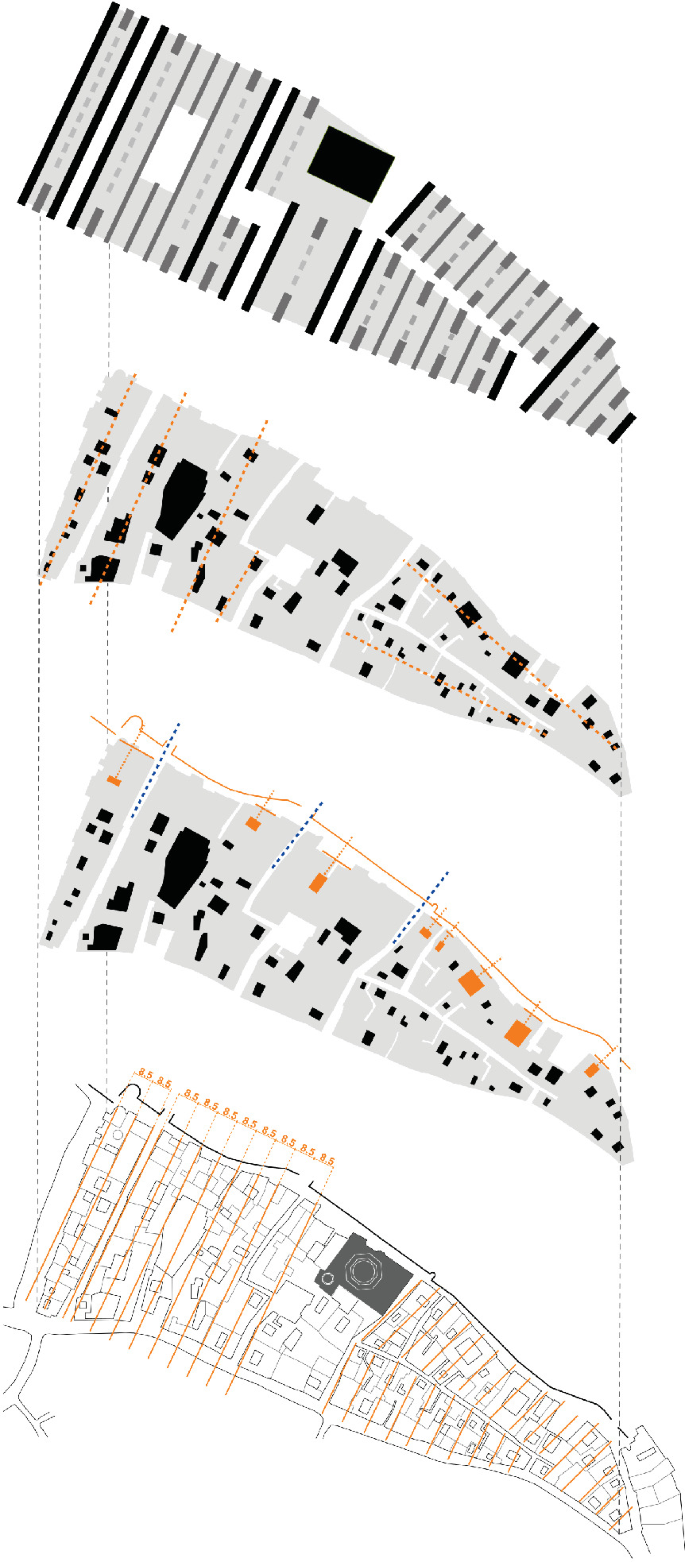 4 layout maps of the modules and measurements of the city. The first has an imagined layout with straight lines and clear demarcations. The second and third indicate the arrangement of buildings in straight lines, and the entrances. The fourth is a detailed layout with straight lines overlaid on it.