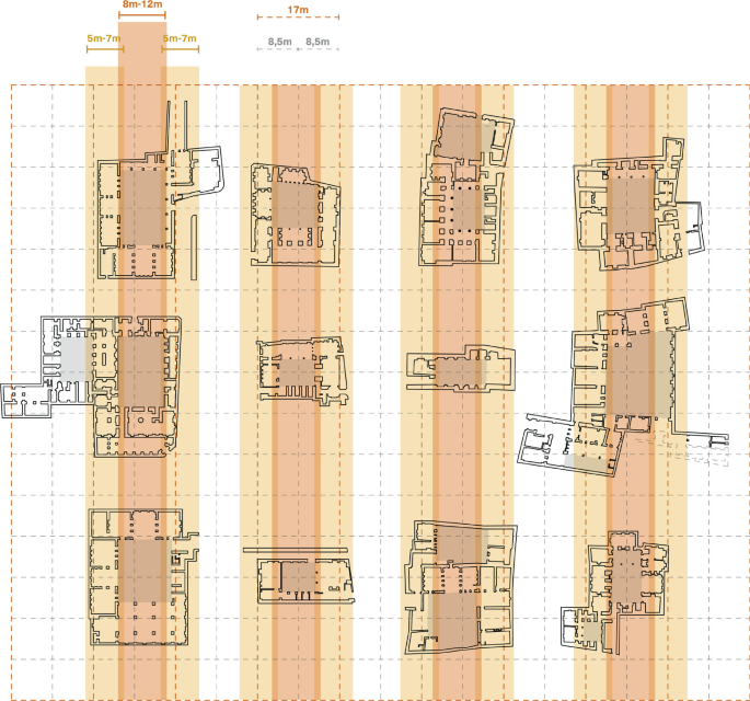 12 sketches represent the layouts and measurements of residential units in a grid. It measures 8 to 12 meters and 17 meters.