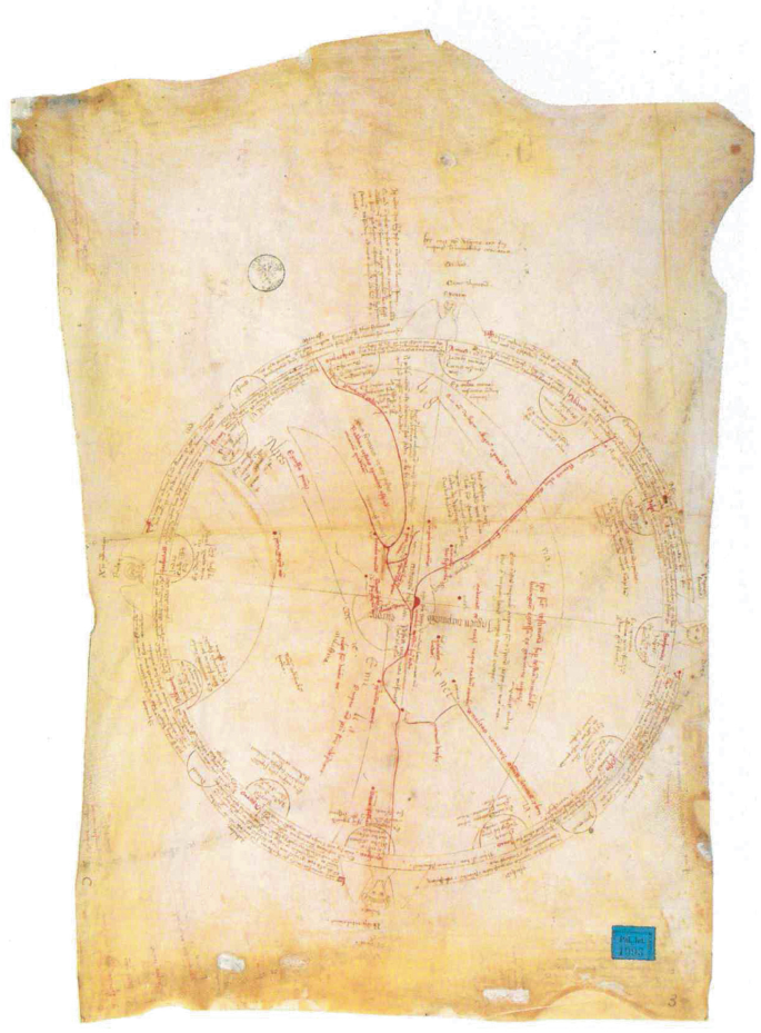 A document in aged paper has a circular map with handwritten text in a foreign language.