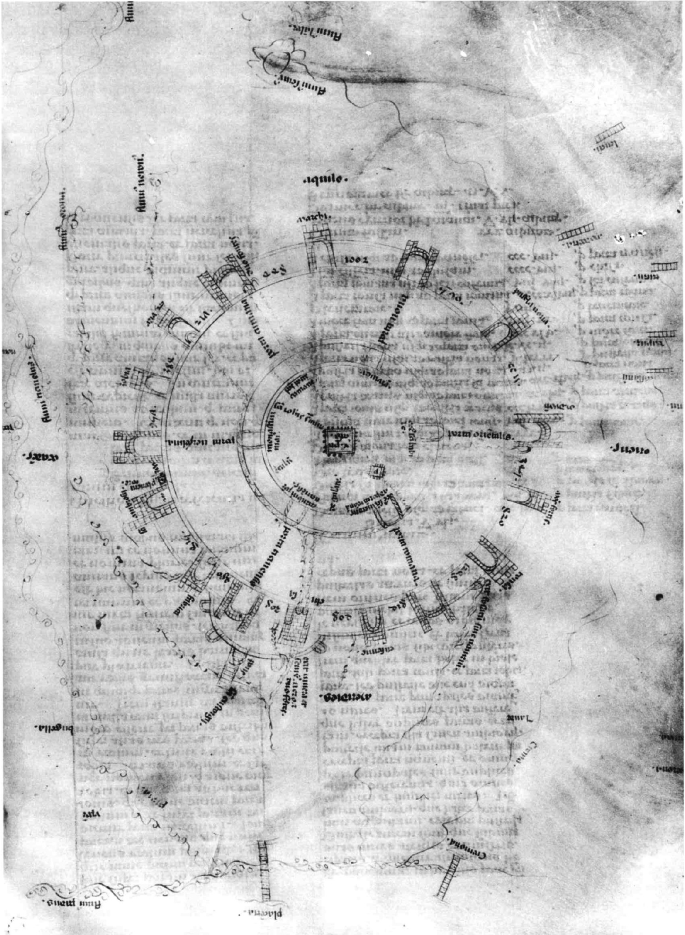 An aged document has a drawing of a circular compound with 16 entrance archways made of bricks, and a compound with a small structure in the center. Parts are labeled in a foreign language.