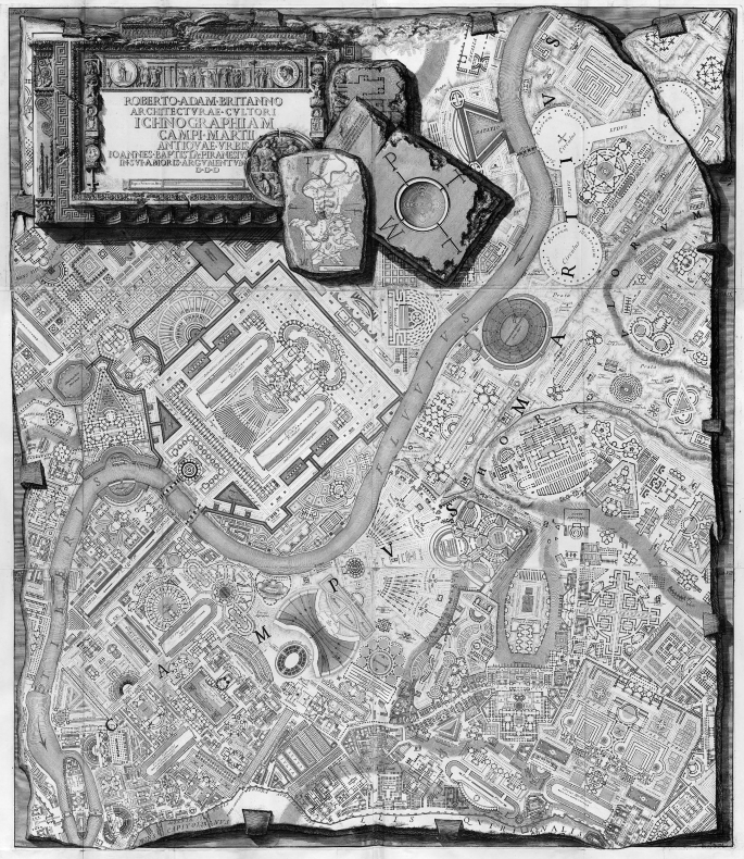 A sketch drawing of a map drawn on stone. The area presented is of a crowded region with a long, narrow river running through it from north to southwest. Numerous buildings, neighborhood, and other large structures are featured, and labeled in a foreign language.