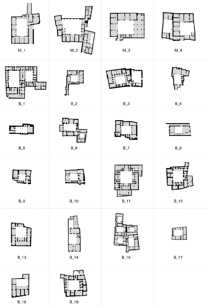22 sketches of residential units, numbered M underscore 1 to 4, and B underscore 1 to 19, with number 15 missing. Most of the structures have a courtyard in the center.