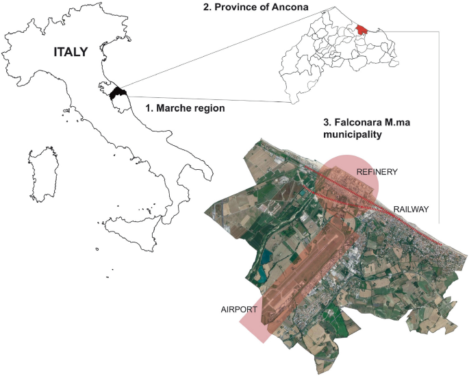 A map of Italy on which the Marche region is marked and zoomed in. On the map of the Marche region, the province of Ancona is highlighted and zoomed in. On the map of the province of Ancona, the locations of the refinery, railway route, and airport are marked