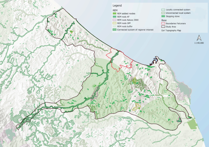 A topography map of Falconara Marittima. The R E M added nodes, R E M nods A F, R E M nods natura 2000, R E M nods O P F, R E M nods buffer, connected system of regional interest, locally connected system, unconnected local system, stepping stone, and study area boundary are marked.