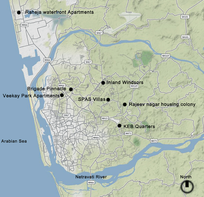 A map exhibits the locations of 7 housing projects in Mangalore. The projects are Raheja Waterfront Apartments, Inland Windsors, Brigade Pinnacle, Veekay Park Apartments, S P A S Villas, Rajeev Nagar Housing Colony, and K E B Quarters.