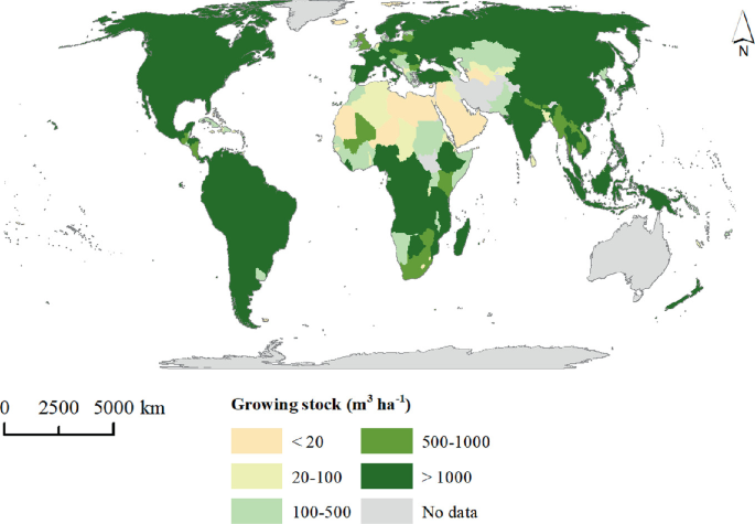 A world map has the following legends, greater than 20, 20 to 100, 100 to 500, 500 to 1000, greater than 1000, and no data on growing stock.