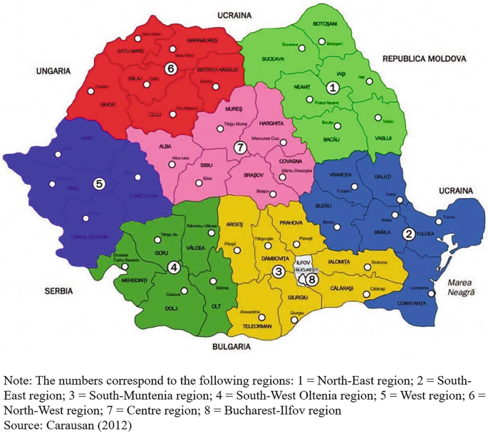 A map of Romania includes the following numbers. Ungaria, 6. Republica Moldova, 1. Dobrogea, 2. Muntenia, 8. Bulgaria, 3. Banat, 5. Transilvania, 7.