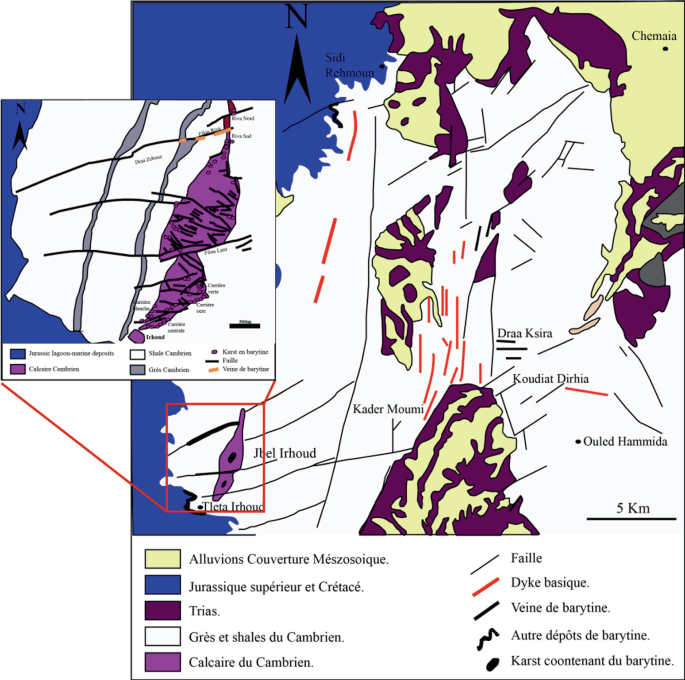 A geological map of the Barite district plots various formations of Jurassic lagoon marine deposits, Cambrian limestone, shale, sandstone, faults, barite veins, karst with barite, Mesozoic cover alluvium, Triassic formations, Cambrian sandstone and shale, and Cambrian limestone.
