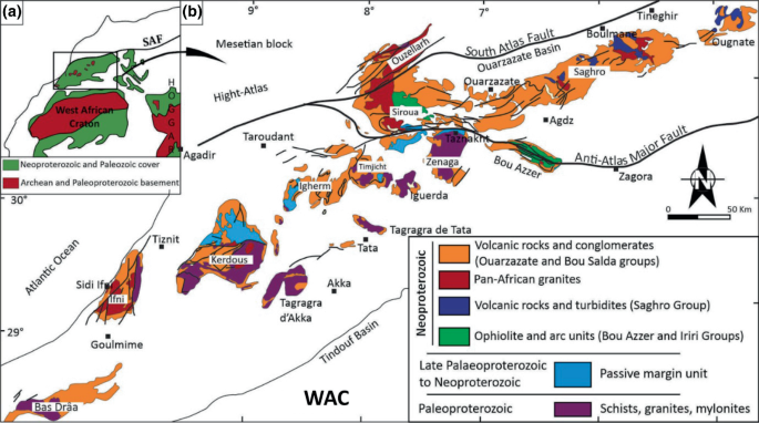 Two maps of the Anti-Atlas belt of Morocco. It highlights the volcanic rocks and conglomerates, pan-African granites, volcanic rocks and turbidites, and ophiolite and arc units. The passive margin unit, schists, granites, and mylonites are represented.