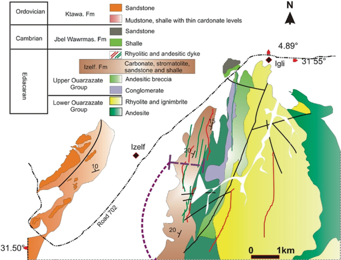 A map of the Izelf area. It highlights the sandstone, mudstone, Shalle with thin carbonate levels, sandstone, Shalle, Rhyolitic, and andesitic dyke, andesitic breccia, conglomerate, rhyolite, and ignimbrite, and andesite.