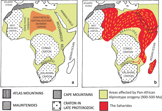 2 maps. A is for previous interpretation of the North Africa and the Arabian Peninsula. Saharan Craton is above Congo Craton in the north with Mozambique belt under areas affected by Pan-African Alpinotype orogeny. B is for interpretation of the Saharides in the northern section and Mozambique belt.