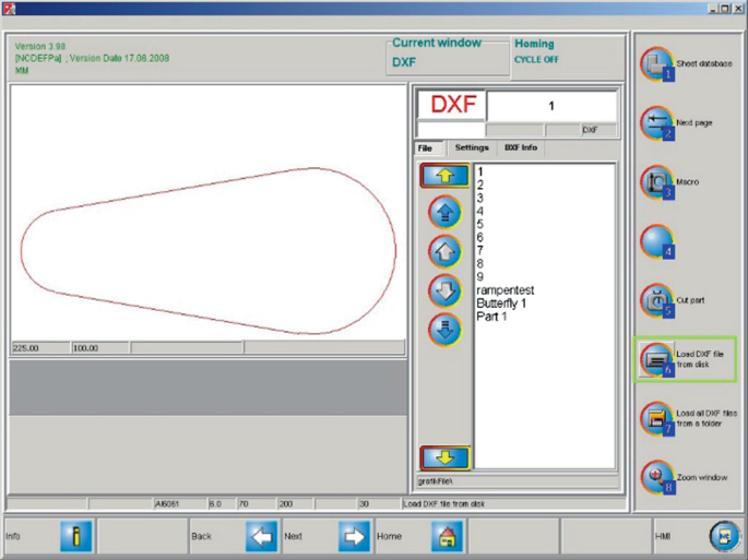 A screenshot has a right pane with a closed structure having round ends of unequal size, a central panel with details for D F X, and a right pane with a few options. The option, to load a D X F file from the disk is highlighted.