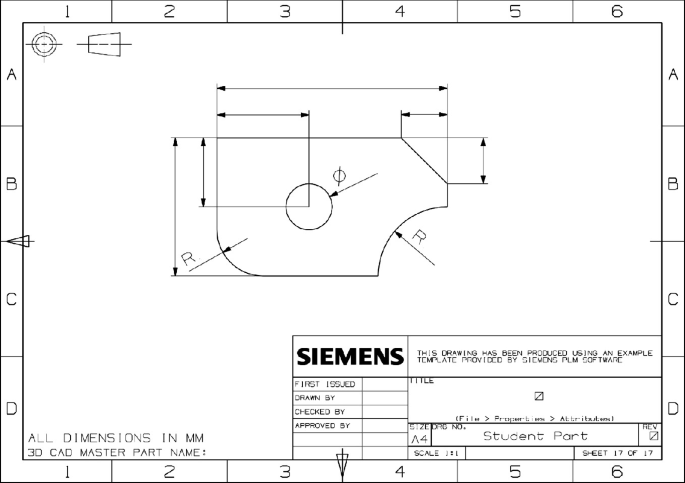 A layout plan has a rectangular boundary with segments A to D on the left and right and 1 to 6 on the top and bottom. An uneven closed structure is in the center with dimensions like phi and R, and a table titled Siemens has other details.