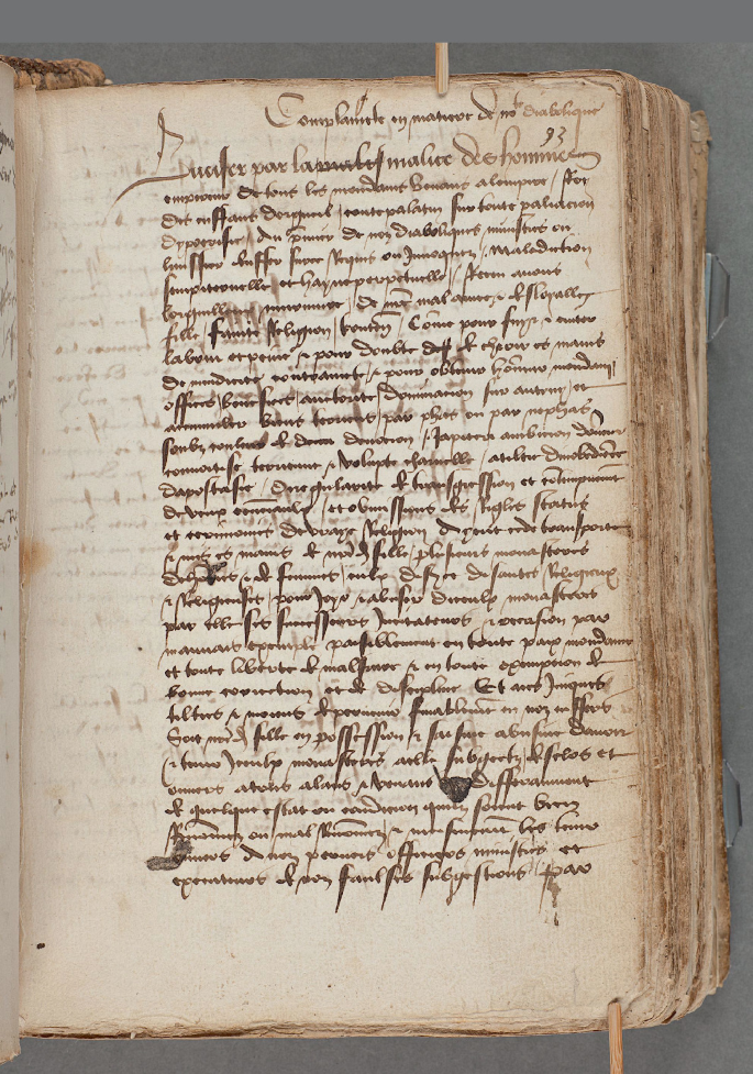 A photograph of the first folio of the manuscript of the complaint about our devilishness.