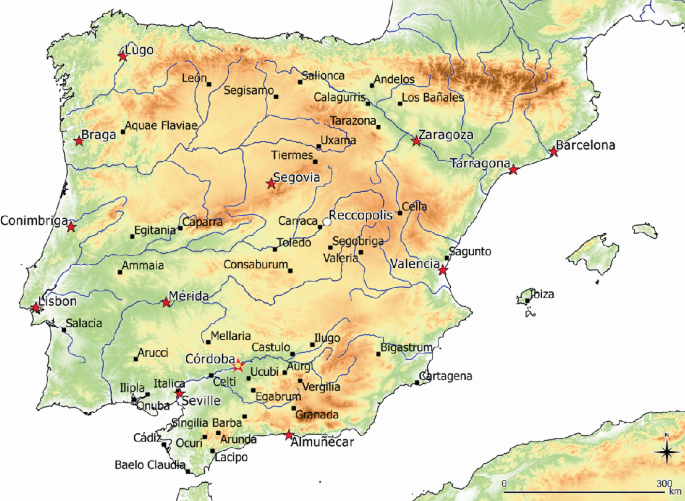 A map indicates the following places with a star, Lugo, Braga, Conimbriga, Segovia, Zaragoza, Tarragona, Barcelona, Valencia, Merida, Lisbon, Cordoba, Seville, and Almunecar.