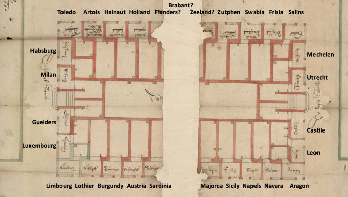 A plan of a meat hall in Brussels, Belgium, with multiple rooms and a complex power dynamic involving various guilds and the king's administration.