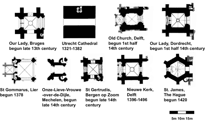 Nine plans of the largest church towers in the Low Countries. They include Our Lady, Bruges, Utrecht Cathedral, Old Church, Delft, Our Lady, Dordrecht, Saint Gommarus, Lier, Saint Gertrudis, and Saint James, The Hague.