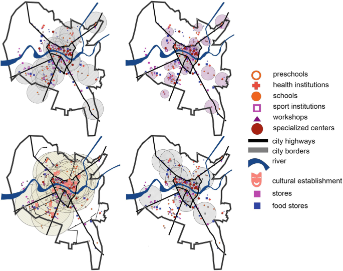 4 spatial maps of Uzhhorod with the distribution of the 4 categories of service networks. Secondary schools, children's preschools, cultural establishments, and catering establishments have networks radially scattered from and around the center, with a river running across the center.