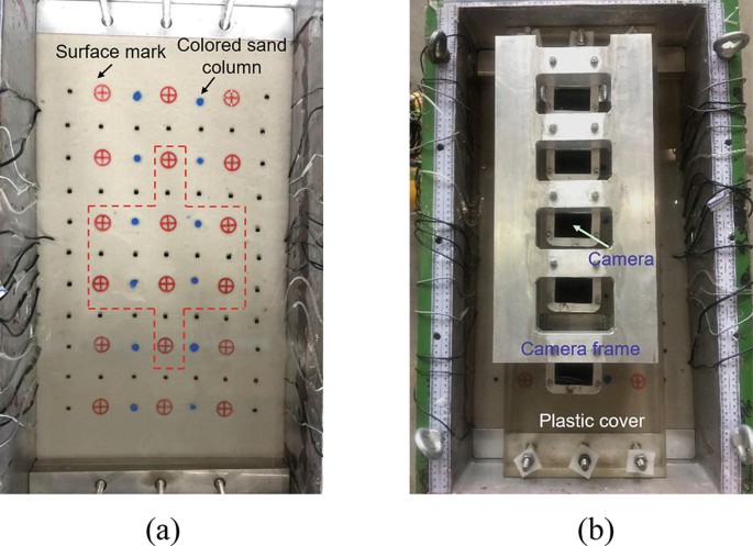 2 photos depict a geotechnical experiment setup. Photo a. depicts surface marks, colored sand columns, a camera frame, and a plastic cover. Photo b. provides a closer view of the elements in the experimental setup.