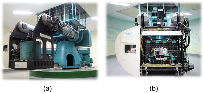 Two photographs. a. Geotechnical centrifuge along with shaking table in Kaist. b. Earthquake simulator.