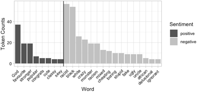A bar graph plots the token counts for positive and negative sentiments for words like God, favorite, stronger, popular, congrats, cute, classy, sexy, racist, and many others. The positive sentiment is the highest for the word God, and the negative sentiment is the highest for the word racist.