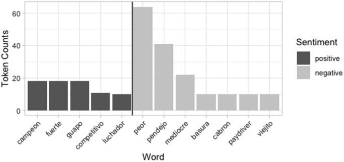 A bar graph plots the token counts for positive and negative sentiments for words like campeon, fuerte, guapo, peor, pendejo, basira, cabron, and many others. The positive sentiment is the highest for the words campeon, fuerte, and guapo, and the negative sentiment is the highest for the word peor.