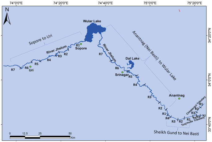 A hydrological map of River Jhelum. Reach points R 1 to 3 and R 2 to 4 are marked along the Chhatargul and Tunj Mulla tributaries in the south followed by Sheik Gund to Nei Basti section with R 1 to 4, Anantnag or Nei Basti to Wular Lake with R 1 to 7, and Sopore to Uri westward from the lake.