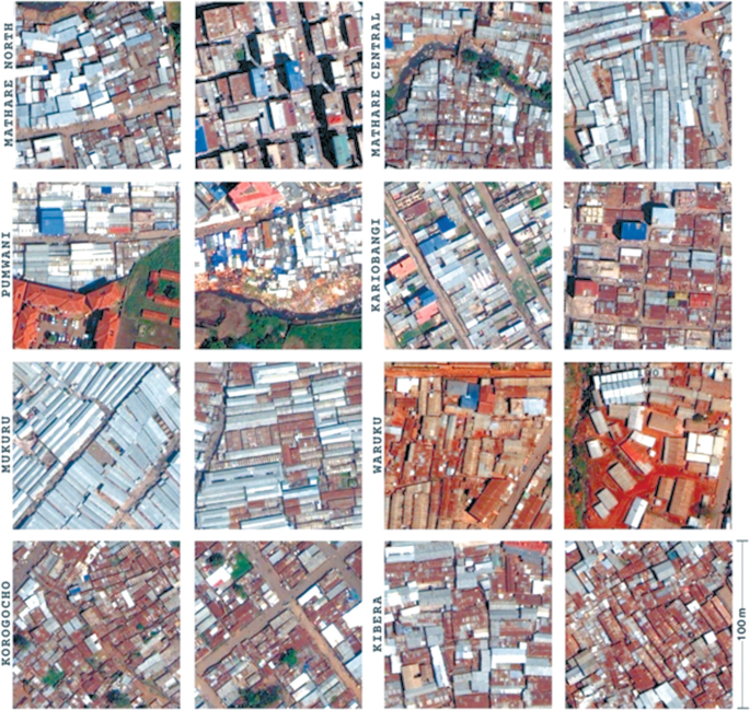 16 enlarged satellite images of slums at scales of 100 meters. Mathare North, Pumwai, Mukuru, Korogocho, Mathare Central, Kariobangi, Waruku, and Kibera each have 2 images.