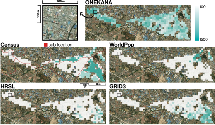 5 satellite images of Mukuru slum with the spatial variation of population indicated by gradient shades for counts 100 to 1500. A sub-location is marked with an enlarged view on the top. ONEKANA has the highest estimate followed by census, H R S L, work pop, and GRIS 3