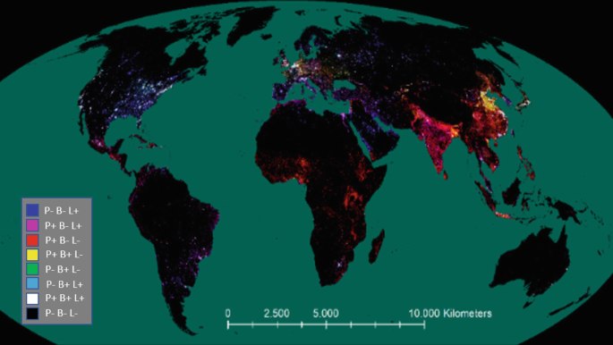 A global spatial pattern of the inequality map. It exhibits different color pattern categories into population, built-up, and night lights with relative abundance in positive sign or scarcity in negative sign. India and East Asia has a high population with high built up.