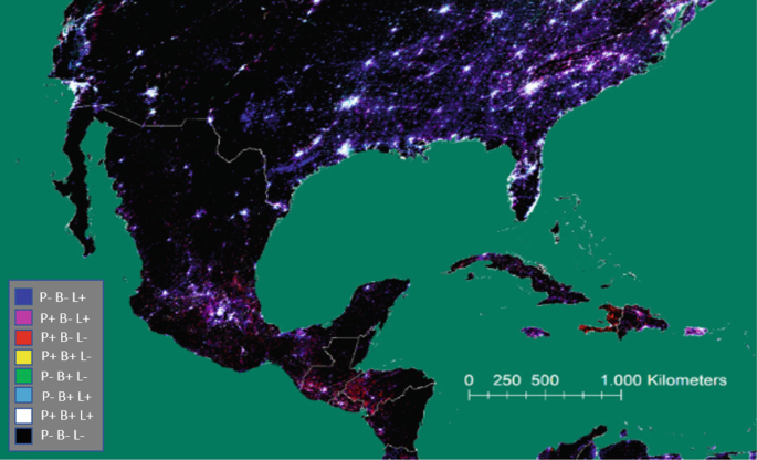 A spatial inequality map of North America. It exhibits different color pattern categories into population, built-up, and night lights with relative abundance in positive sign or scarcity in negative sign. Northeast America has bright colors of light.