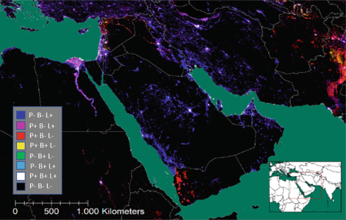 A spatial inequality map of the Middle East. It exhibits different color pattern categories into population, built-up, and night lights with relative abundance in positive sign or scarcity in negative sign. The Middle East central countries and the coastal regions have high income and oil-producing.